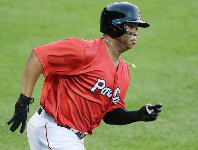 Rafael Devers heads to second with a double in the first inning for the PawSox on Wednesday night in his first game on a rehab assignment. Devers would score on a single by Christian Vazquez.