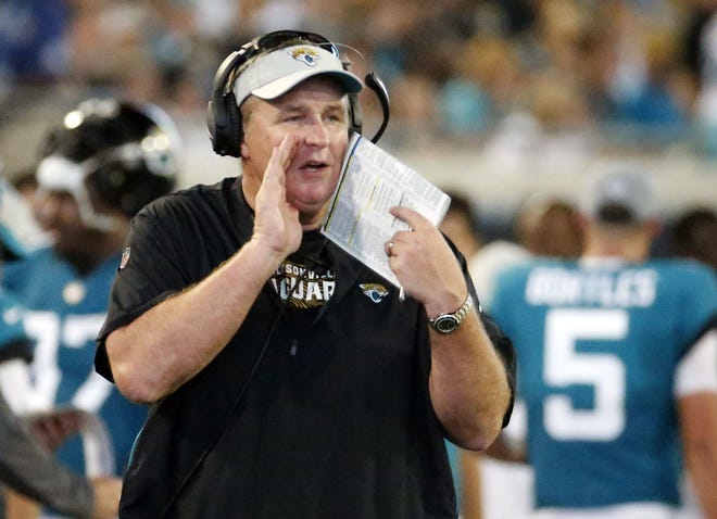 In this file photo from Saturday, Jacksonville Jaguars head coach Doug Marrone shouts to his players during the first half of an NFL preseason football game against the Atlanta Falcons, in Jacksonville. [STEPHEN B. MORTON/AP PHOTO]
