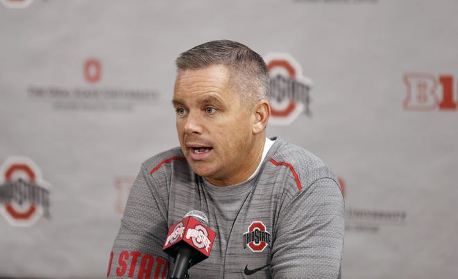 Ohio State men's basketball coach Chris Holtmann speaks to the media during media day at Value City Arena in Columbus, Ohio on September 28, 2017. [Kyle Robertson]