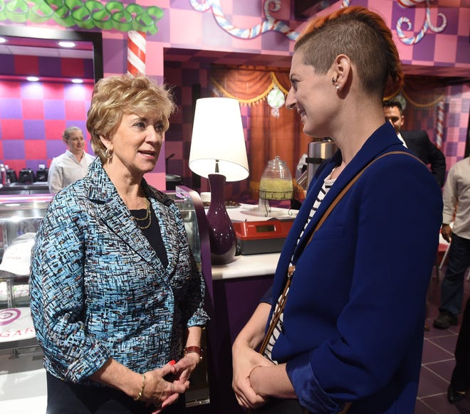Linda McMahon, left, administrator of the Small Business Administration, talks with Hannah Kirby, owner of Ember + Forge coffee shop, during a roundtable discussion with small business owners Thursday at Romolo Chocolates in Erie. [JACK HANRAHAN/ERIE TIMES-NEWS]