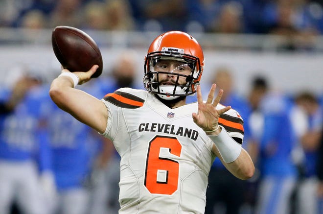 Cleveland Browns quarterback Baker Mayfield throws during the first half of an NFL football preseason game against the Detroit Lions, Thursday, Aug. 30, 2018, in Detroit. (AP Photo/Duane Burleson)