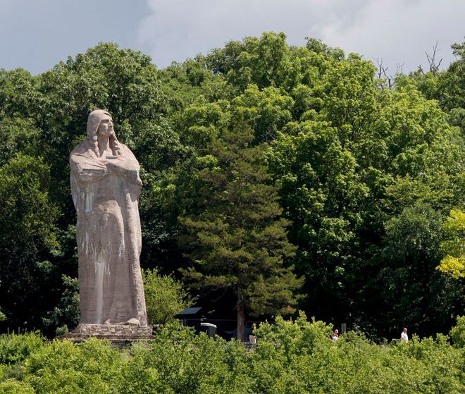 Chief Black Hawk is honored in a 40-foot statue by Lorado Taft, above the bluffs of the Rock River at Oregon, Illinois.
