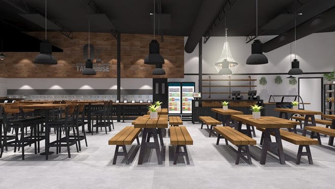 Rendering of Oz. Tap House displays the family-style seating that the beer bar will have.