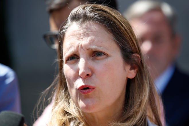 Canada's Foreign Affairs Minister Chrystia Freeland speaks to the media during a break in trade talk negotiations at the Office of the United States Trade Representative, Thursday, Aug. 30, 2018, in Washington. (AP Photo/Jacquelyn Martin)