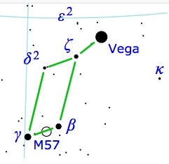 The constellation Lyra the Harp, showing Vega and the location of the Ring Nebula (M57). [Kvap/public domain/Wikimedia Commons]
