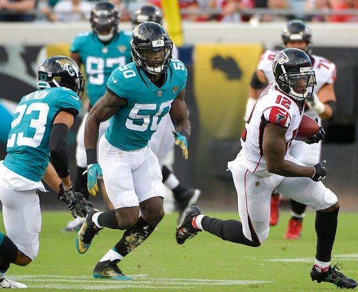 In this Aug. 25, 2018, photo, Atlanta Falcons wide receiver Mohamed Sanu (12) runs after catching a pass in front of Jacksonville Jaguars defensive back Tyler Patmon (23) and linebacker Telvin Smith (50) during the first half of an NFL preseason football game in Jacksonville, Fla. The Jaguars relied on stout defense to win the AFC South and reach the conference title game last season. They return 12 of their top 14 players on that side of the ball and believe they will be even better this fall. (AP Photo/Phelan M. Ebenhack)