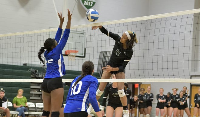 Richard Bland Volleyball's Cortney Bowen sends the ball over the net in the Statesmen's home match versus Regent. [Photo courtesy Joanne Williams/Richard Bland College]