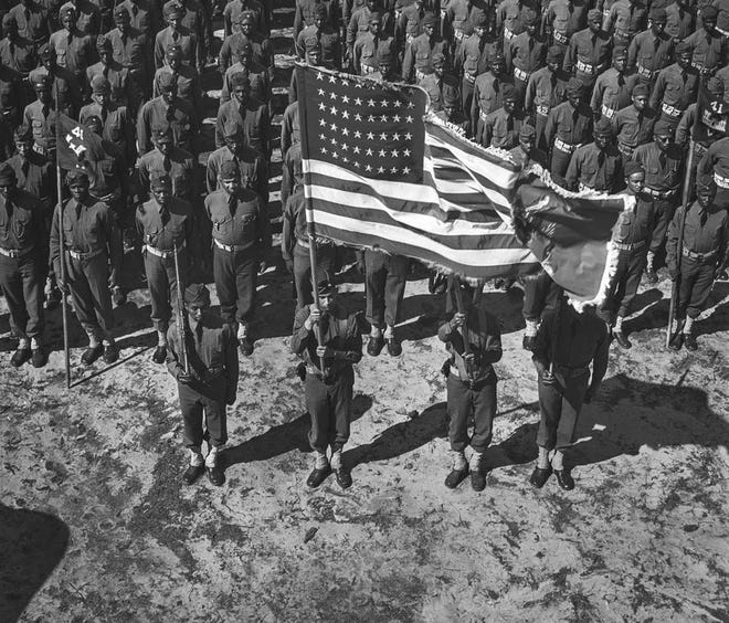 41st Engineer Regiment on the parade field at Fort Bragg in March 1942. [Library of Congress]