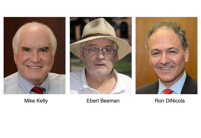 Candidates for the newly-formed 16th Congressional District are, from left, U.S. Rep. Mike Kelly, R-3rd, Libertarian Ebert Beeman and Democratic nominee Ron DiNicola. [FILE PHOTOS/ERIE TIMES-NEWS]