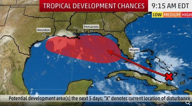 The National Hurricane Center now gives the tropical wave in the Bahamas a high chance to become a tropical depression or tropical storm in the next few days. [THE WEATHER CHANNEL]