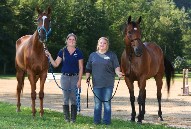 Michelle Markley (L) of Silver Creek Stables in Dover shows her horse Sid and Amanda Miller of Strasburg shows her horse Rio, after being accepted to the National Retired Racehorse Project's Thoroughbred Makeover program.(TimesReporter.com / Pat Burk)