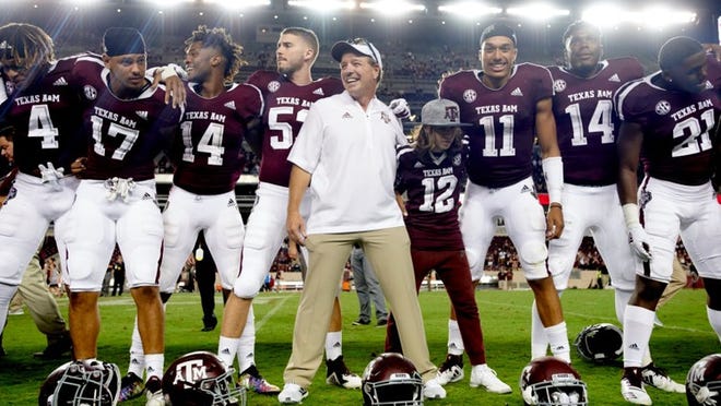Jimbo Fisher celebrates his first win as the Texas A&M head coach. Next up for the Aggies is a familiar nemesis for Fisher. No. 2 Clemson is headed to College Station. COOPER NEILL/GETTY IMAGES