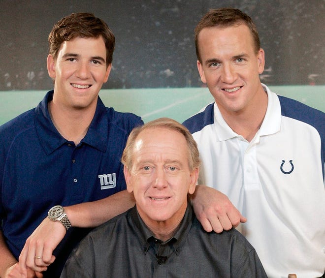 In this May 8, 2008, file photo, Archie Manning, center, is joined by sons Eli Manning, left, and Peyton Manning in Beverly Hills, Calif. When Archie's sons, first Peyton in 1998 and then Eli in 2004, broke into the NFL, all he had to do was sit in his favorite chair and turn on DirecTV's Sunday Ticket. [REED SAXON/ASSOCIATED PRESS]