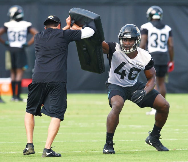 Jaguars #48, Leon Jacobs during drills at Tuesday's mandatory minicamp practice. The Jacksonville Jaguars held their first day of mandatory minicamp practice Tuesday, June 12, 2018 at the Dream Finders Homes Practice Complex near TIAA Bank Field. [Bob Self/Florida Times-Union]