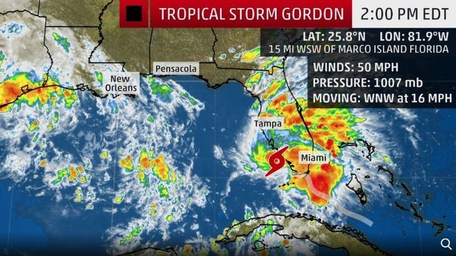 As Tropical Storm Gordon was approaching the open Gulf of Mexico, its wind speed had increased to 50 mph. [THE WEATHER CHANNEL]