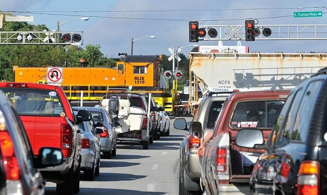 Traffic lines up on President Street at the Truman Parkway waiting for the train to pass. [Steve Bisson/Savannahnow.com file photo]
