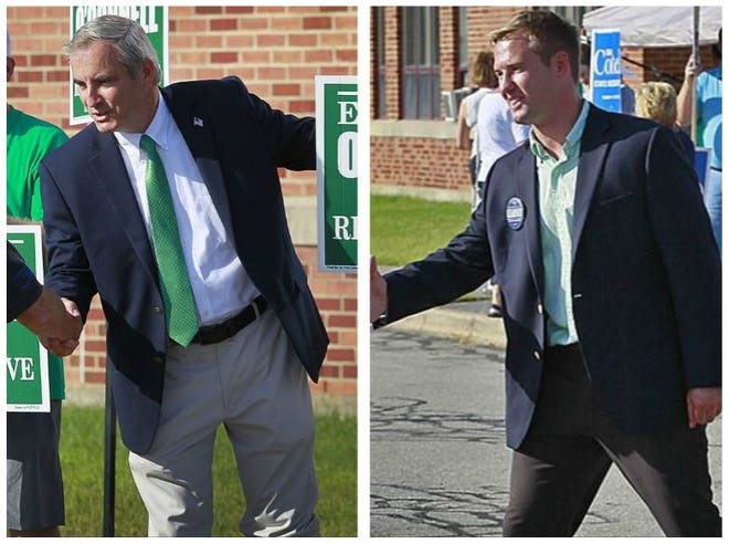 Republican Ed O'Connell, left, and Democrat Patrick Kearney greeting voters outside polling places on Tuesday, Sept. 4, 2018. Greg Derr photos