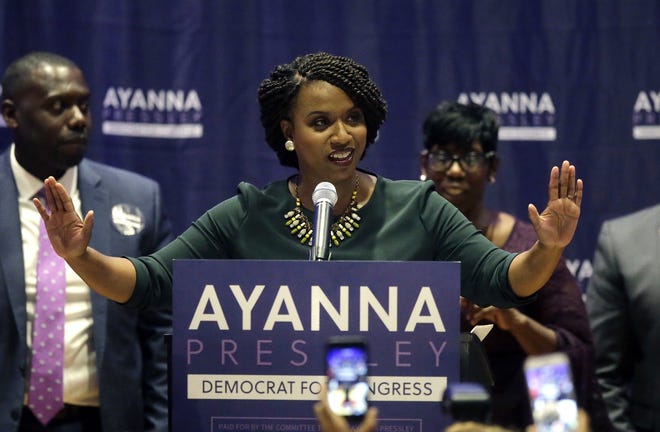 Boston City Councilor Ayanna Pressley celebrates victory over U.S. Rep. Michael Capuano in the Democratic primary on Tuesday. [AP / Steven Senne]