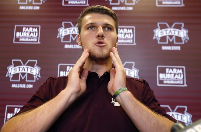 Mississippi State quarterback Nick Fitzgerald of Richmond Hill speaks during the team's media day Aug. 11 in Starkville, Miss. Fitzgerald, suspended for last weekend's season opener, is starting on Saturday against Kansas State. [ROGELIO V. SOLIS/AP FILE PHOTO]