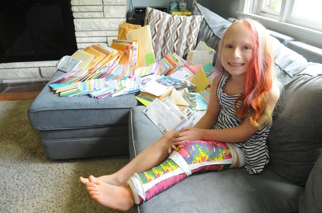 Mary Alice Tryda, 9, faced her biggest surgery yet at Boston Children's Hospital to fix a severely dislocated kneecap. Thanks to a card campaign her mother started, she'll have over 1,000 cards and letters from around the U.S. to open as she recovers on Friday, August 31, 2018.  (Marc Vasconcellos/The Enterprise)