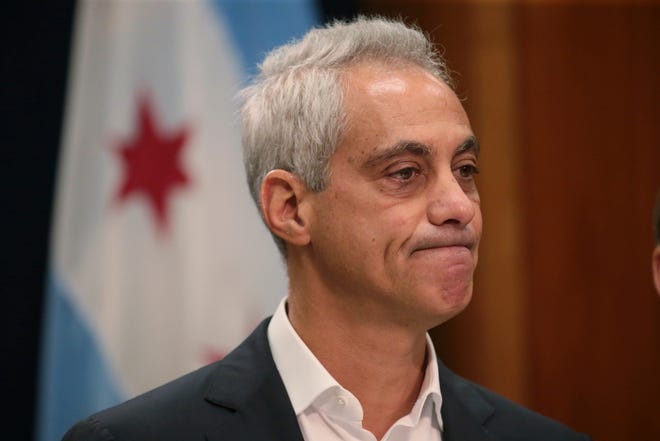 Chicago Mayor Rahm Emanuel announces Tuesday, Sept. 4, 2018, he will not seek a third term in office at a press conference on the 5th floor at City Hall in Chicago. (Stacey Wescott/Chicago Tribune via AP)