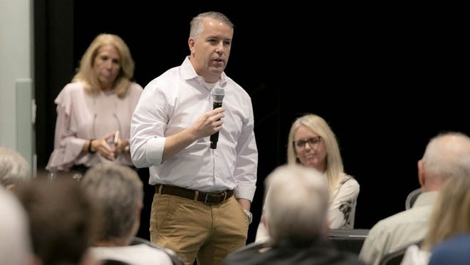State Rep. Matt Willhite speaks at a town hall meeting at the Wellington Community Center on Aug. 29, 2018. The meeting was focused on gun violence after recent shootings in Wellington and Jacksonville. (Allen Eyestone / The Palm Beach Post)
