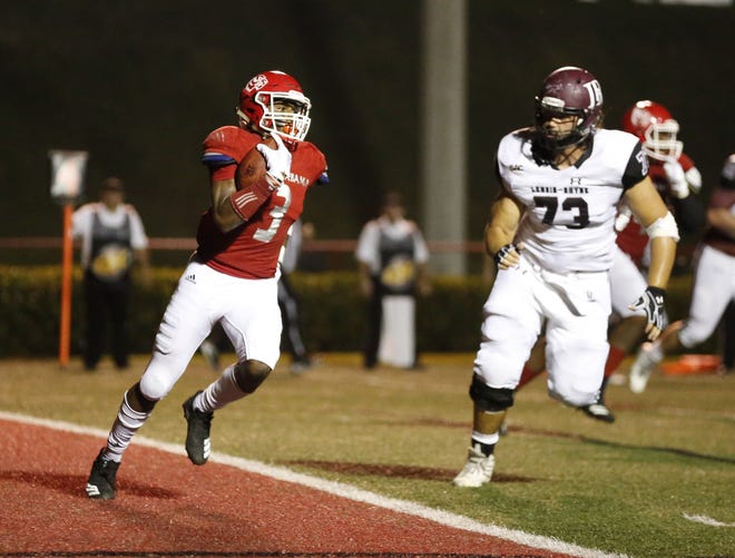 West Alabama defensive back Nicarius Peterson (3) returns an interception out of the end zone during a two point conversion attempt last week against Lenoir-Rhyne University in Livingston to open the season. UWA hosts Miles College on Thursday. [Staff Photo/Gary Cosby Jr.]