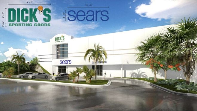 This rendering shows how the future Dick’s Sporting Goods in part of the Sears space at The Gardens Mall may look. City leaders are concerned about sporting goods store’s plans to sell long guns and ammunition. Rendering by Herschman Architects provided by Palm Beach Gardens