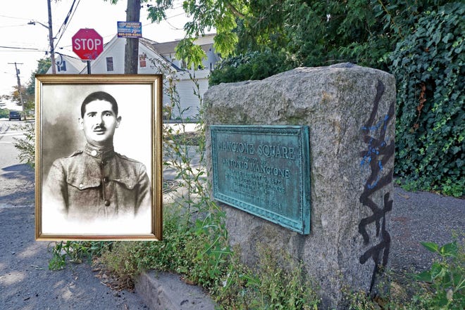 This photo montage shows the stone at Dean and Kenyon streets on Federal Hill that bears a plaque honoring Antonio Mangione, who died in action in France on Sept. 6, 1918. [The Providence Journal/Sandor Bodo; Mangione photo courtesy of Cheryl Maynard]