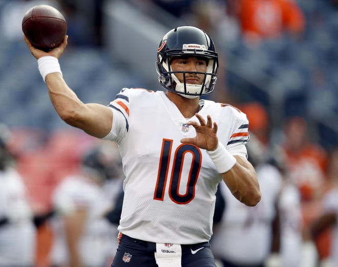 Mitch Trubisky, shown in action in an exhibition game against Denver on Aug. 18, begins his second year as the Bears' starting quarterback when Chicago visits Green Bay Sunday night. [DAVID ZELUBOWSKI/THE ASSOCIATED PRESS]