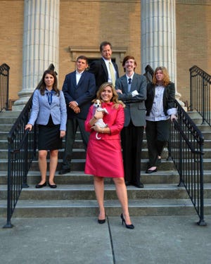The cast of Gallery Players' production of "Legally Blonde, The Musical" includes (clockwise from left to right): Beth McDade (Vivienne Kensington); Parker Harris (Warner Huntington III); Joe Baker (Professor Callahan); Austin Rowland (Emmett Forrest); Murryn Payne (Enid Hoops); Chloe Golonka (Elle Woods); and Harlow Dahlquist (Bruiser the dog).

[Kate Dahlquist / Special to the Times-News]