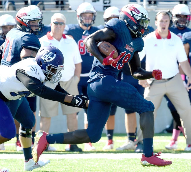 Malone's Ashton Dulin scores a touchdown during a 2017 game against Kentucky Wesleyan College at Tom Benson Hall of Fame Stadium. (CantonRep.com / Michael Balash)