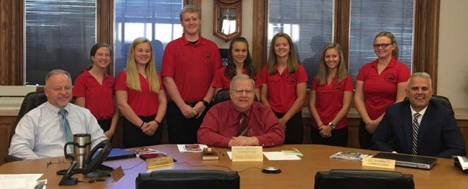 The Tuscarawas County Leaders of Tomorrow met with the Tuscarawas County Commissioners during the Aug. 13 commissioner’s meeting. Pictured, from left, back row, are Riley Randolph, Adeline Kendle, Cade Liggett, McKalynne Helmke, Ciara Grove, Chelsea Grove and Kennedy Allen; front, commissioners Chris Abbuhl, Kerry Metzger and Joe Sciarretti. PHOTO PROVIDED