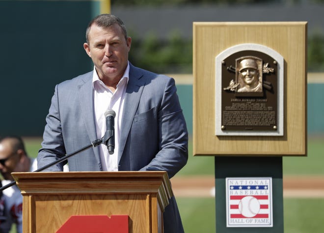 Former Cleveland Indians and Hall of Famer Jim Thome speaks before a baseball game between the Cleveland Indians and the Baltimore Orioles, Saturday, Aug. 18, 2018, in Cleveland. (AP Photo/Tony Dejak)