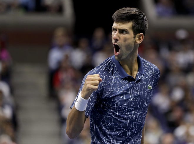 Novak Djokovic, of Serbia, reacts during a match against Juan Martin del Potro, of Argentina, in the men's final of the U.S. Open tennis tournament, Sunday, Sept. 9, 2018, in New York. (AP Photo/Julio Cortez)