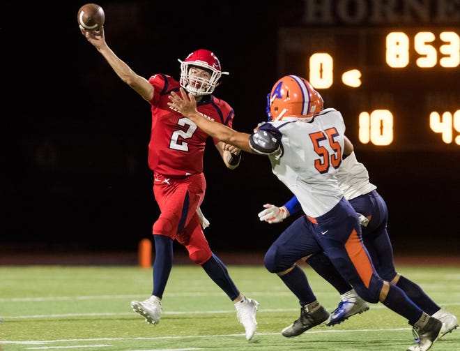 Hornell's Tyler Acton slings a pass downfield during the second half of Friday's game against Attica. [Steve Harrison/The Spectator photos]