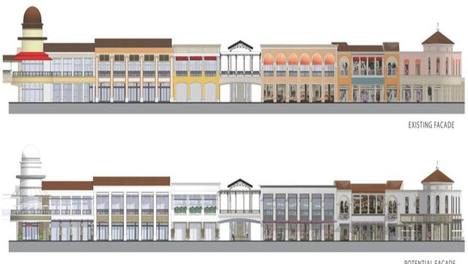 West Palm Beach plans to allow CityPlace to redo facades without requiring Mediterranean style or colors. The top image shows the current look; The bottom shows how colors and features might change.(City of West Palm Beach)