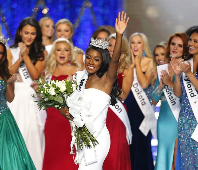 Miss New York Nia Franklin reacts after being named Miss America 2019, in Atlantic City, N.J., on Sunday. [Noah K. Murray/The Associated Press]