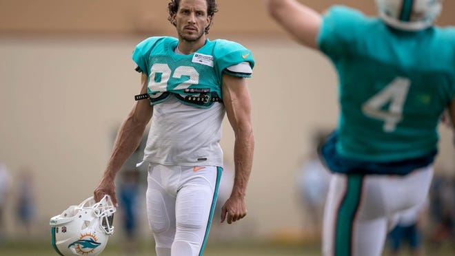 Miami Dolphins long snapper John Denney (92) at Dolphins training camp in Davie, Florida on August 6, 2016. (Allen Eyestone / The Palm Beach Post)