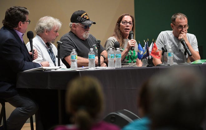 Janine Lutz, speaking during a recent Herald-Tribune Hot Topics panel discussion about veterans' access to medical marjuana, talks about losing her son after he was prescribed excessive opioids. [Herald-Tribune staff photo / Dan Wagner]
