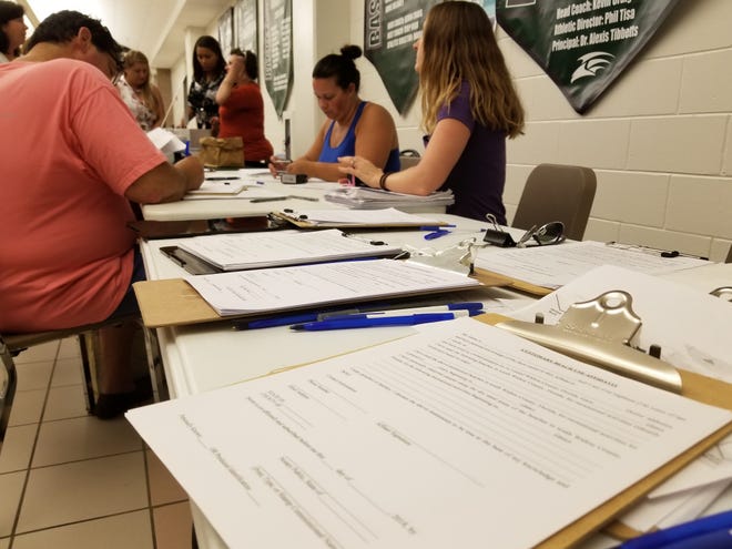 Attendees of the Sept. 9 customary use public meeting lined up to sign notarized affidavits affirming their recreational use of the county’s beaches. [ALICIA ADAMS/DAILY NEWS]