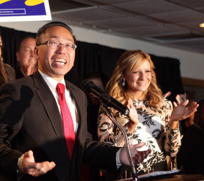 1008104501 ri_pvd_Fung CRANSTON, RI--Wednesday, September 12, 2018--Allan Fung wins Republican primary for governor. Fun is show addressing the crowd gathered at the Shriners Imperial Room. The Providence Journal/Glenn Osmundson