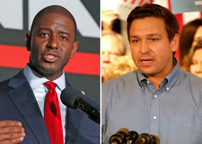 Tallahassee Mayor Andrew Gillum, left, a Democrat, and former U.S. Rep. Ron DeSantis, a Republican, are running to replace Rick Scott as Florida's governor. The general election is Nov. 6. [AP PHOTOS]