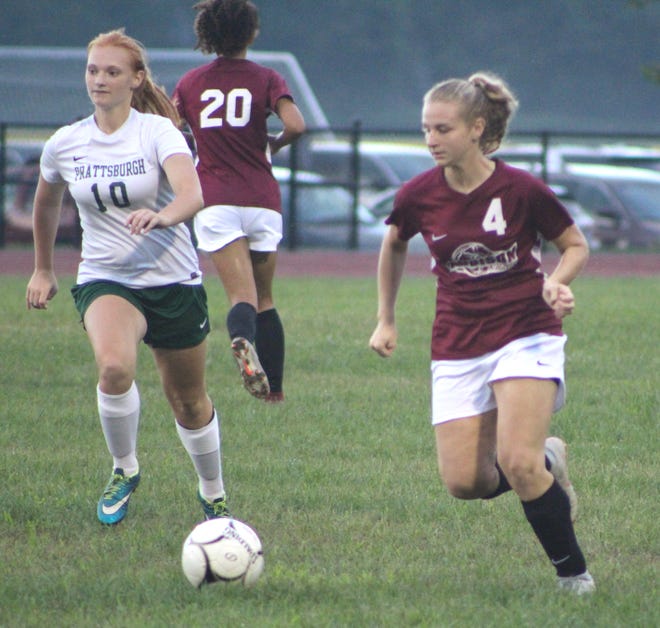 Addison's Krysta Windnagle (4) looks to get in to an attacking position against Prattsburgh Thursday. [JANA AIKEN/THE LEADER]