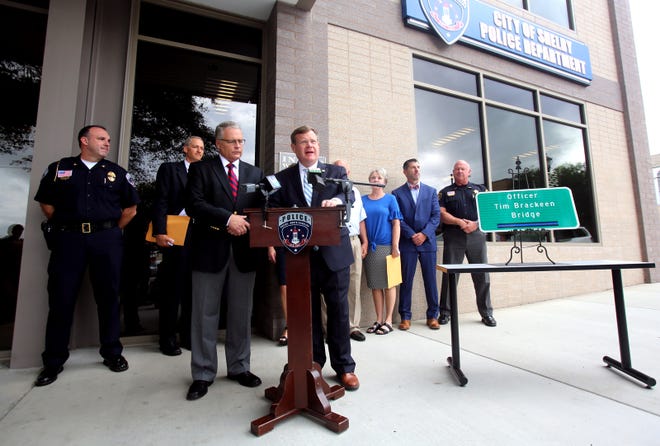 Tim Moore speaks at a press conference held to announce the dedication of the N.C. 18 bridge at Lafayette Street to fallen officer Tim Brackeen. [Brittany Randolph/The Star]