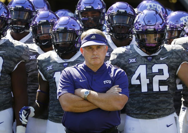 TCU coach Gary Patterson stands with his team Sept. 1 before playing Southern University in Fort Worth, Texas. No. 15 TCU gets another chance for the Big 12 against No. 4 Ohio State on Saturday. [Ron Jenkins/Associated Press file photo]