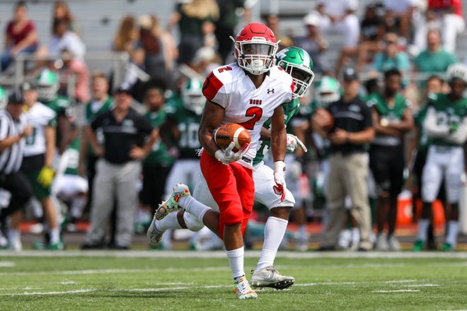 Edinboro wide receiver Ta'Nauz Gregory outruns a Lake Erie defensive back during a 2018 season-opening game at Jack Britt Memorial Stadium in Painesville, Ohio. Gregory ranks third in the nation in D-II with an average of 45 yards per kickoff return. The Fighting Scots host East Stroudsburg on Saturday. [CONTRIBUTED PHOTO/MATT DURISKO]