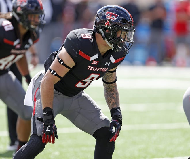 Texas Tech rush end Tony Jones (9) has team highs of 13 tackles, four for loss and two sacks after two games. On Saturday, Jones and the Red Raiders will try to hold down a fast-paced Houston offense led by dual-threat quarterback D'Eriq King. [Brad Tollefson/A-J Media]