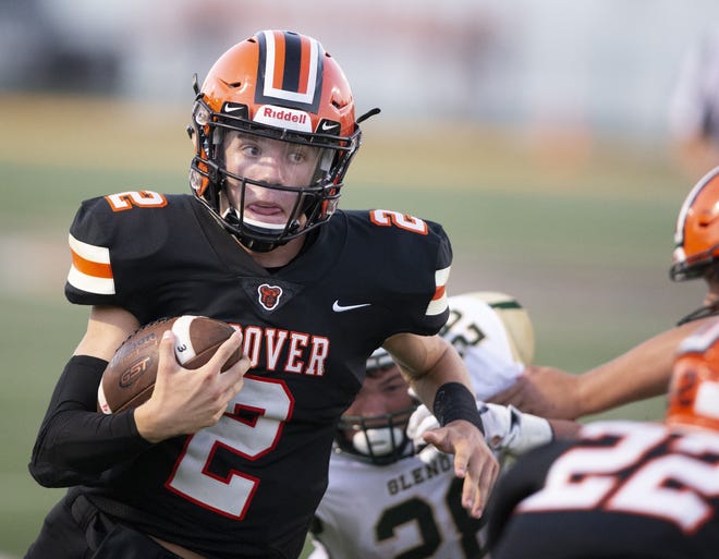 Hoover quarterback Connor Ashby looks into the end zone as he runs for a touchdown during the second quarter against GlenOak on Friday, Sept. 14, 2018 in North Canton. (CantonRep.com / Bob Rossiter)