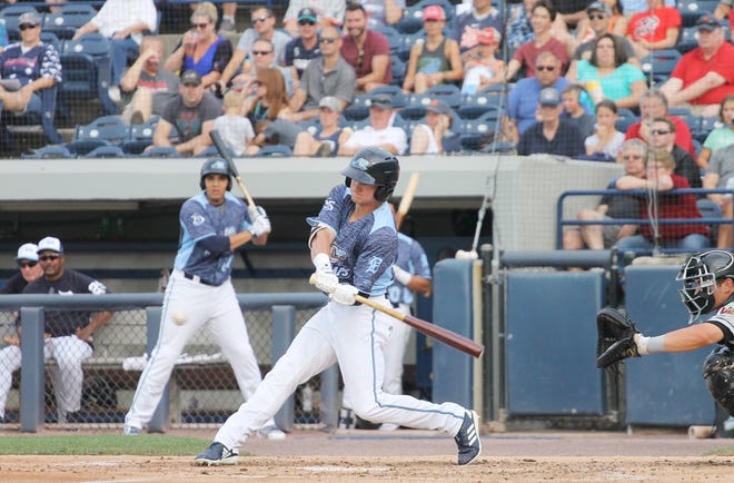 Brock Deatherage takes a swing this summer with the West Michigan Whitecaps in the Midwest League.